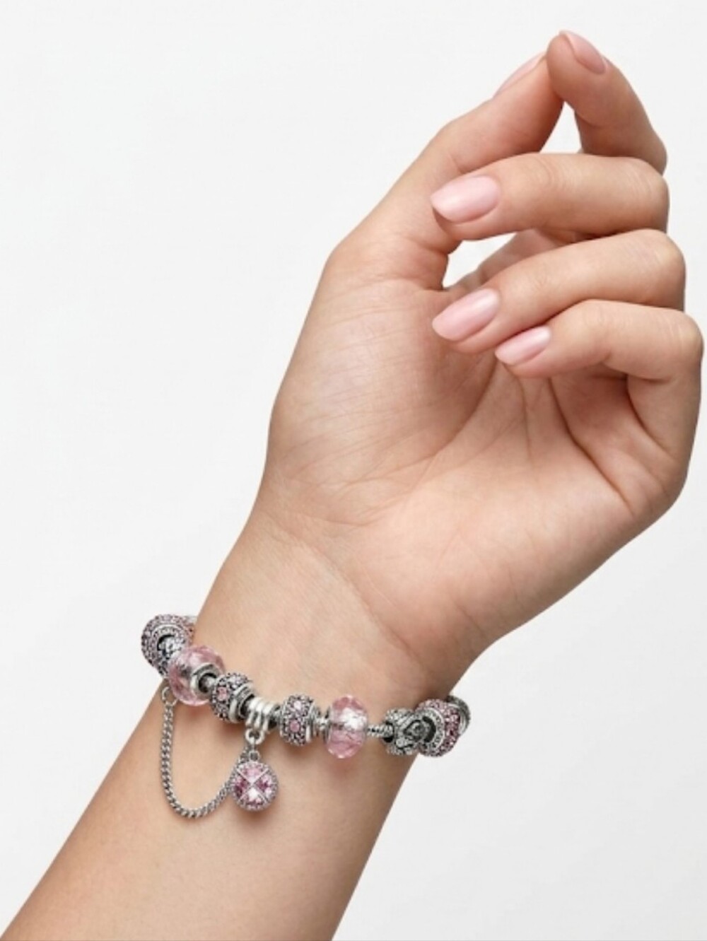 925 Sterling Silver Bracelet with Pink Crystal Beads and Charms